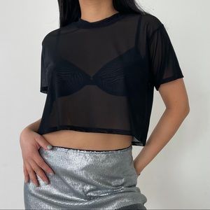 Joah Brown Black Sheer Mesh Short Sleeve Crop Top